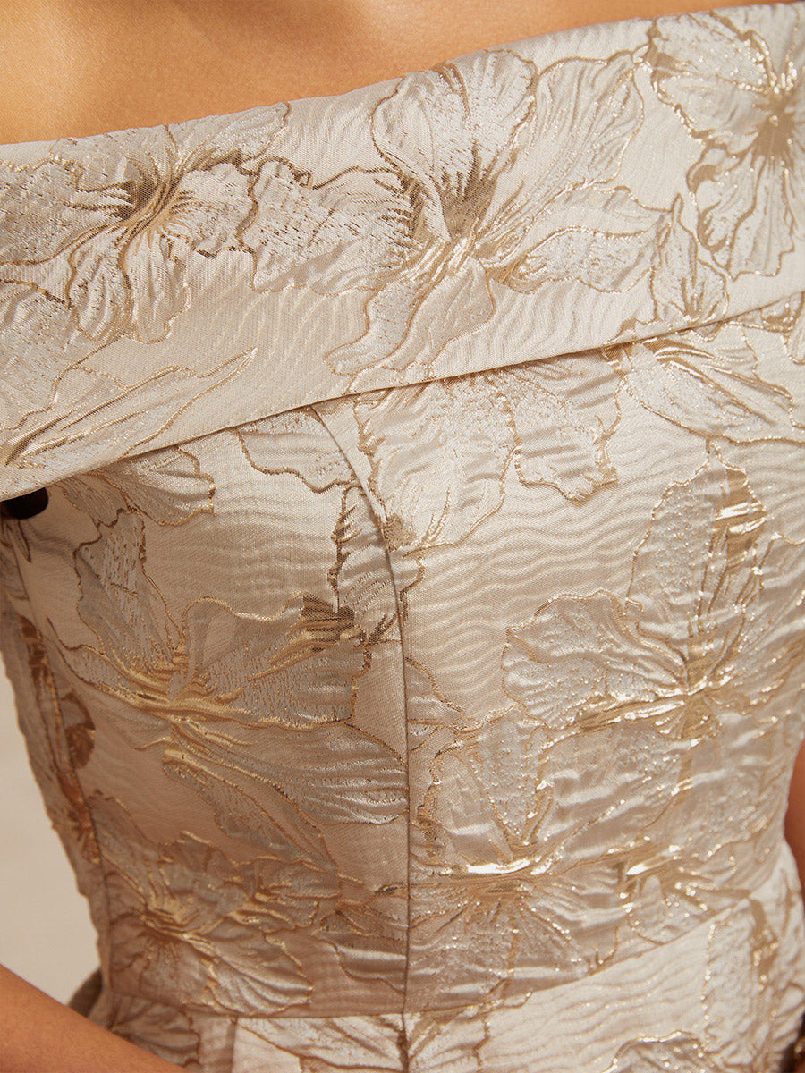 Off the Shoulder Metallic Floral Jacquard Ballgown