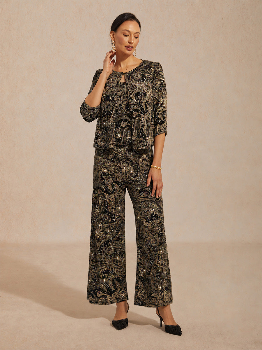 Paisley Straight Leg Knit Pants with Subtle Sequin Detail