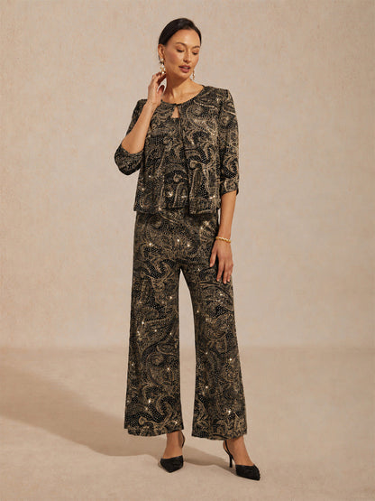Paisley Straight Leg Knit Pants with Subtle Sequin Detail