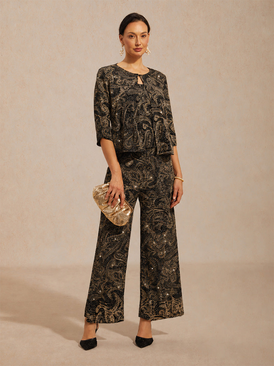 Paisley Straight Leg Knit Pants with Subtle Sequin Detail