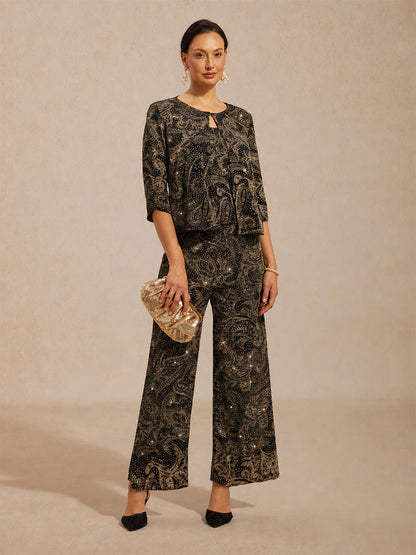 Paisley Straight Leg Knit Pants with Subtle Sequin Detail