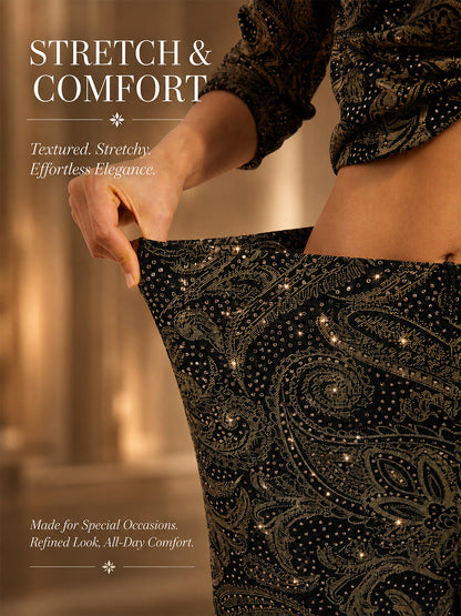 Paisley Straight Leg Knit Pants with Subtle Sequin Detail