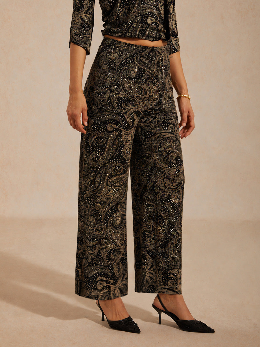 Paisley Straight Leg Knit Pants with Subtle Sequin Detail