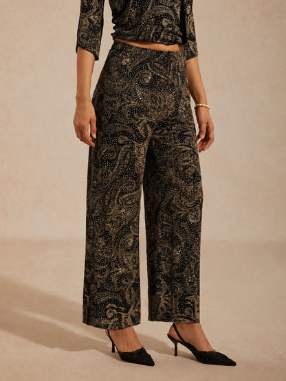 Paisley Straight Leg Knit Pants with Subtle Sequin Detail