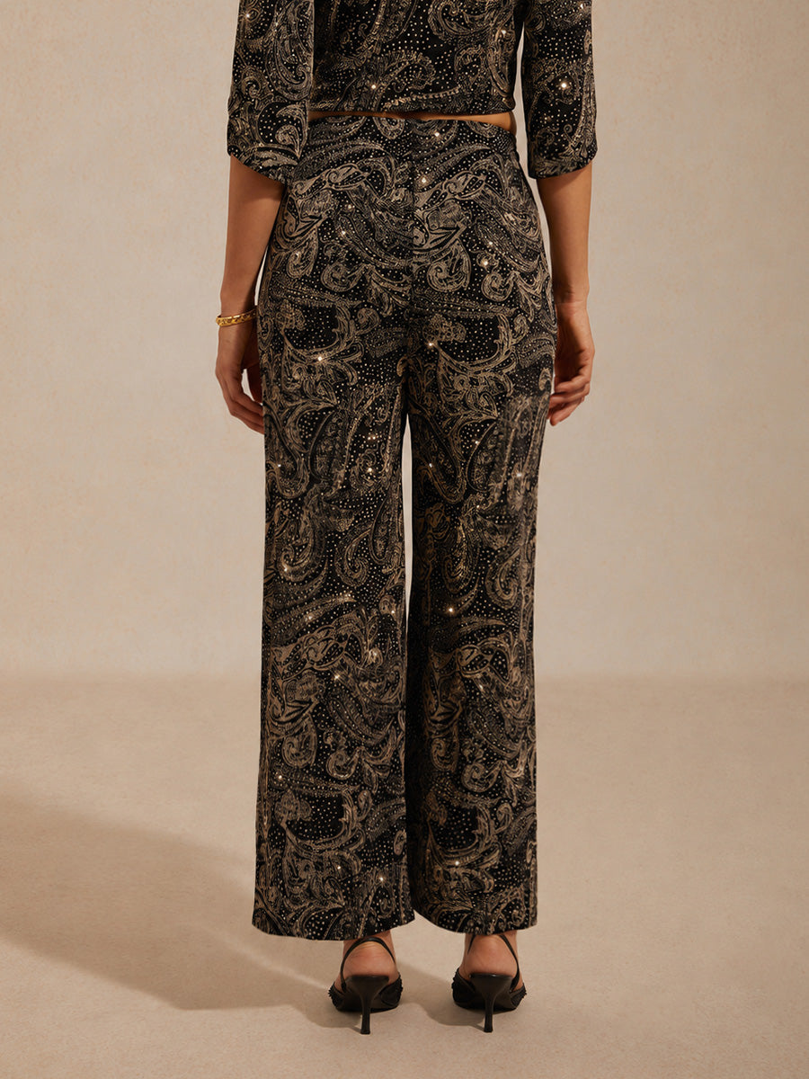 Paisley Straight Leg Knit Pants with Subtle Sequin Detail