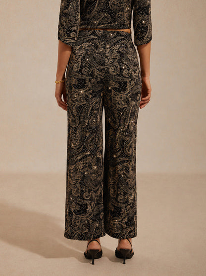 Paisley Straight Leg Knit Pants with Subtle Sequin Detail