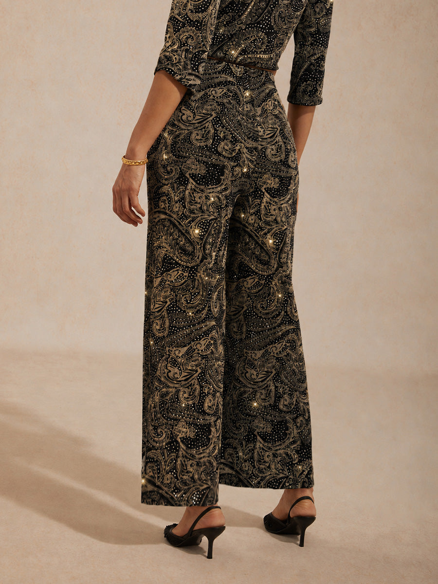 Paisley Straight Leg Knit Pants with Subtle Sequin Detail
