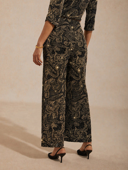 Paisley Straight Leg Knit Pants with Subtle Sequin Detail
