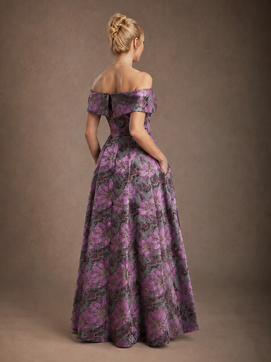 Off the Shoulder Metallic Floral Jacquard Ballgown