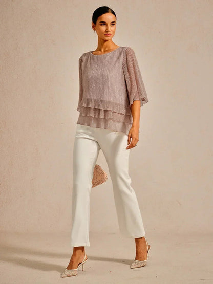 Metallic Pleated Chiffon Asymmetrical Layered Blouse