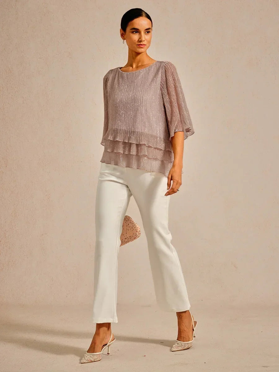Metallic Pleated Chiffon Asymmetrical Layered Blouse