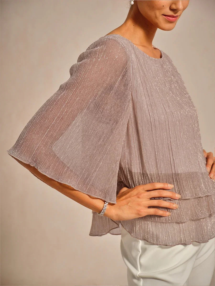 Metallic Pleated Chiffon Asymmetrical Layered Blouse
