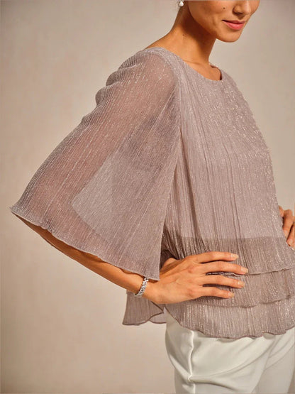 Metallic Pleated Chiffon Asymmetrical Layered Blouse