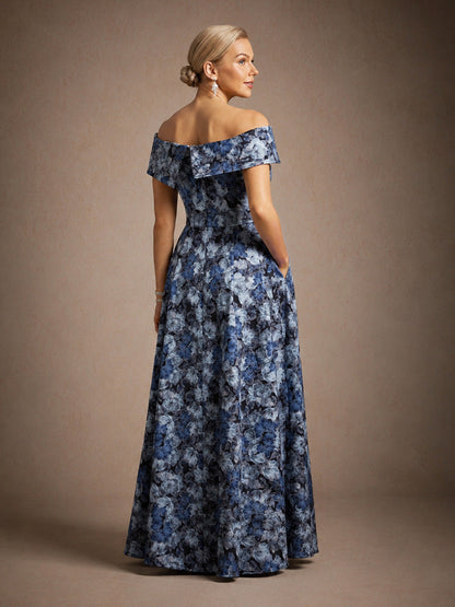 Off the Shoulder Metallic Floral Jacquard Ballgown