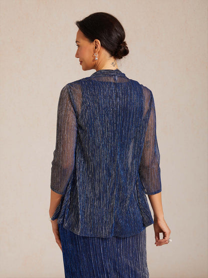 Metallic-plissierte lange Chiffonjacke mit Lagen-Design