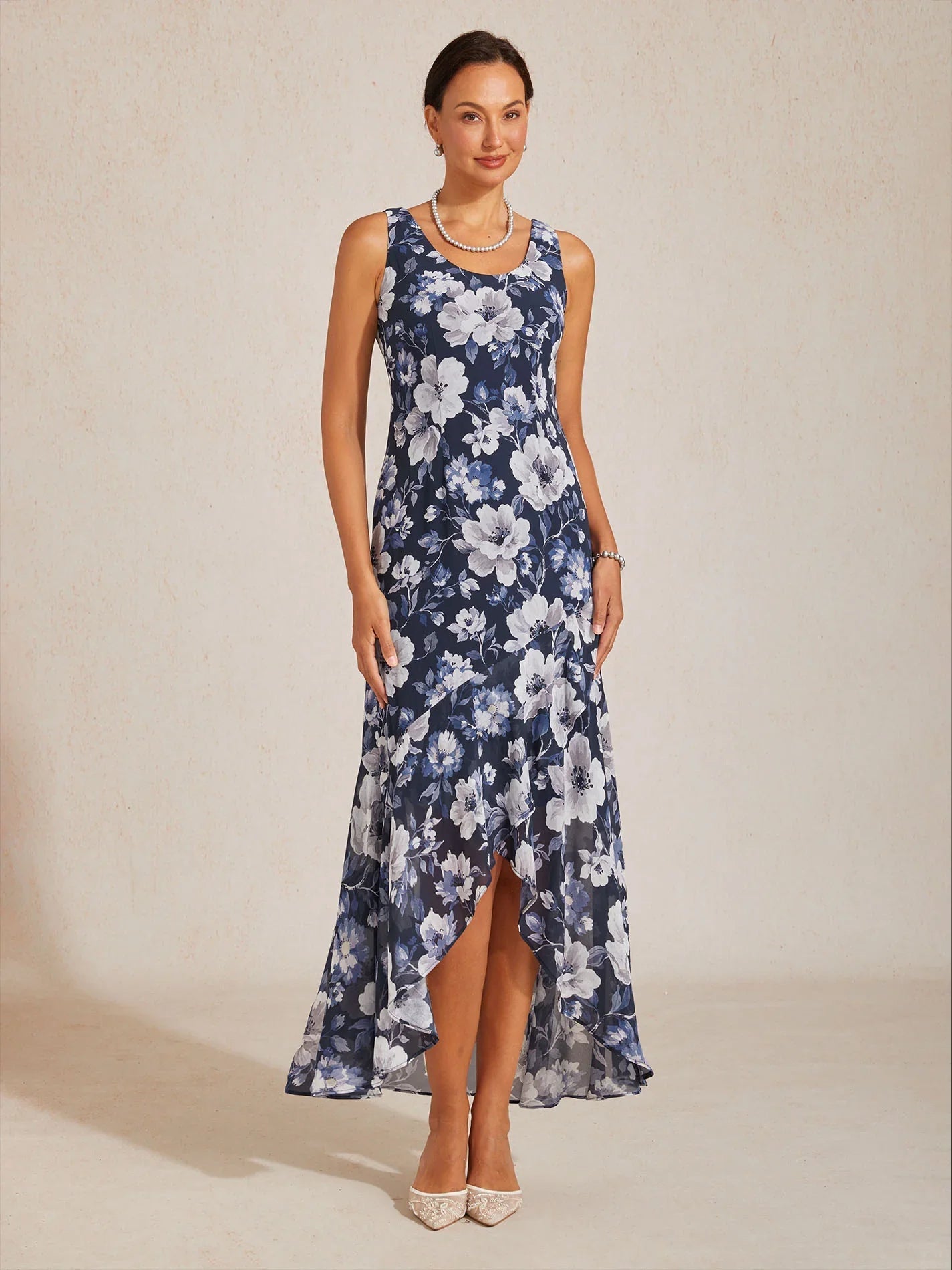 Sleeveless Floral Chiffon High Low Dress