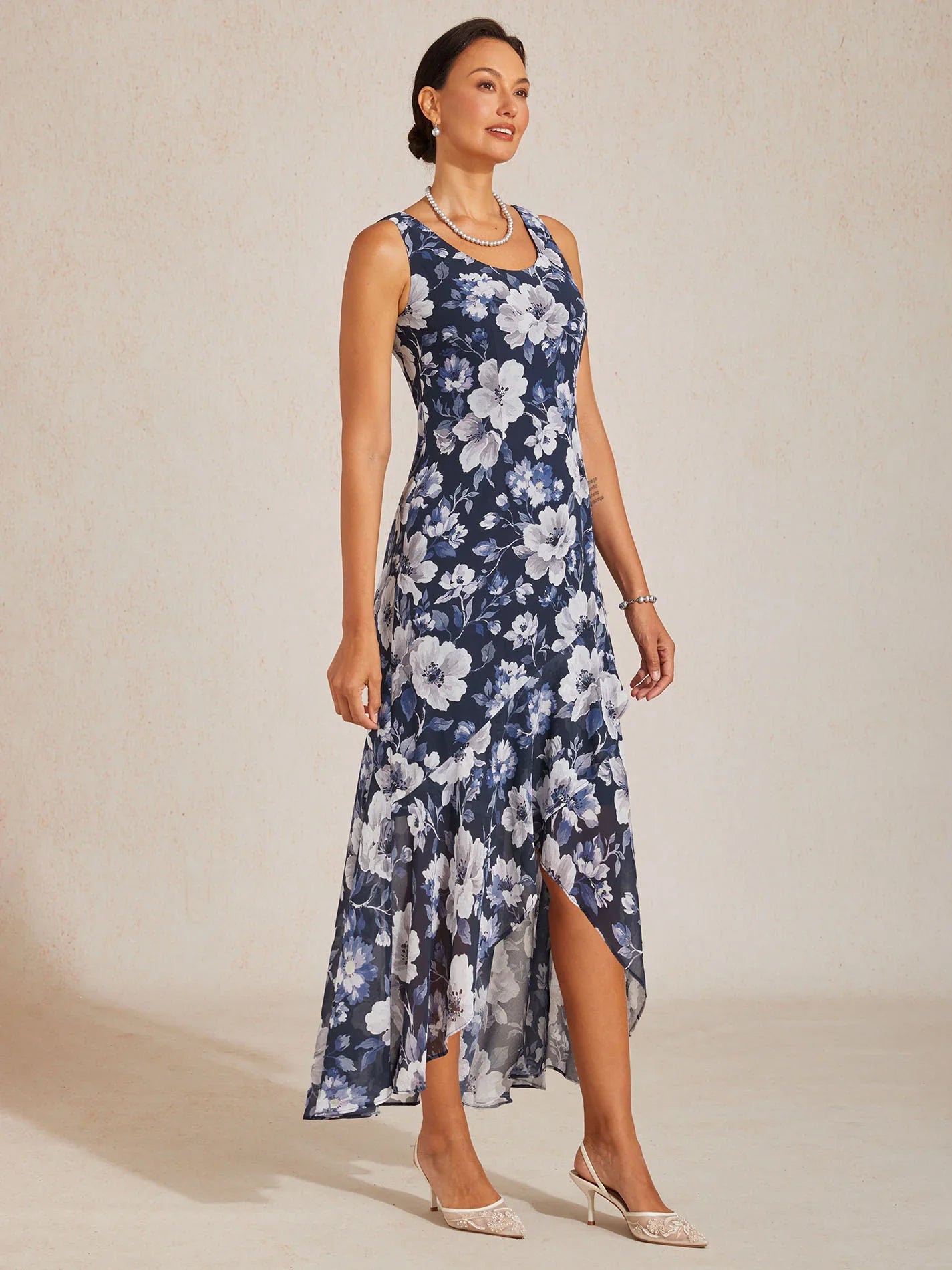 Sleeveless Floral Chiffon High Low Dress