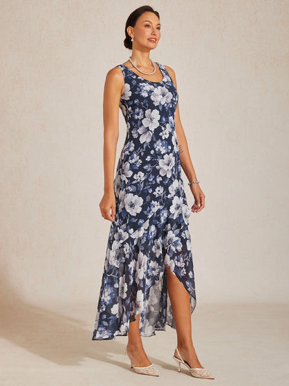 Sleeveless Floral Chiffon High Low Dress