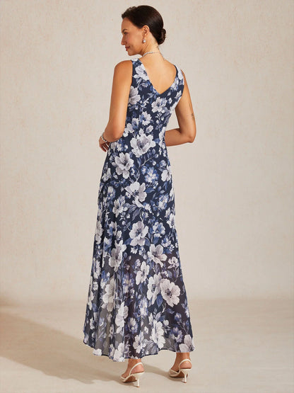 Sleeveless Floral Chiffon High Low Dress
