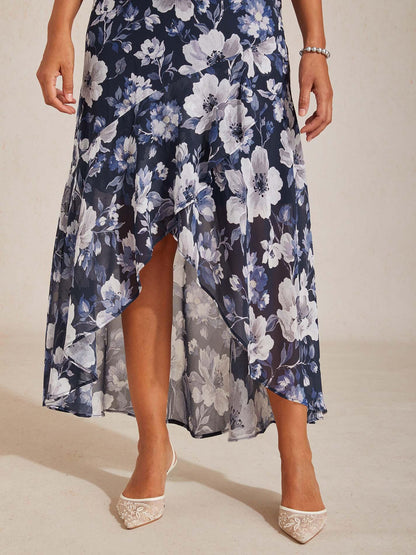 Sleeveless Floral Chiffon High Low Dress