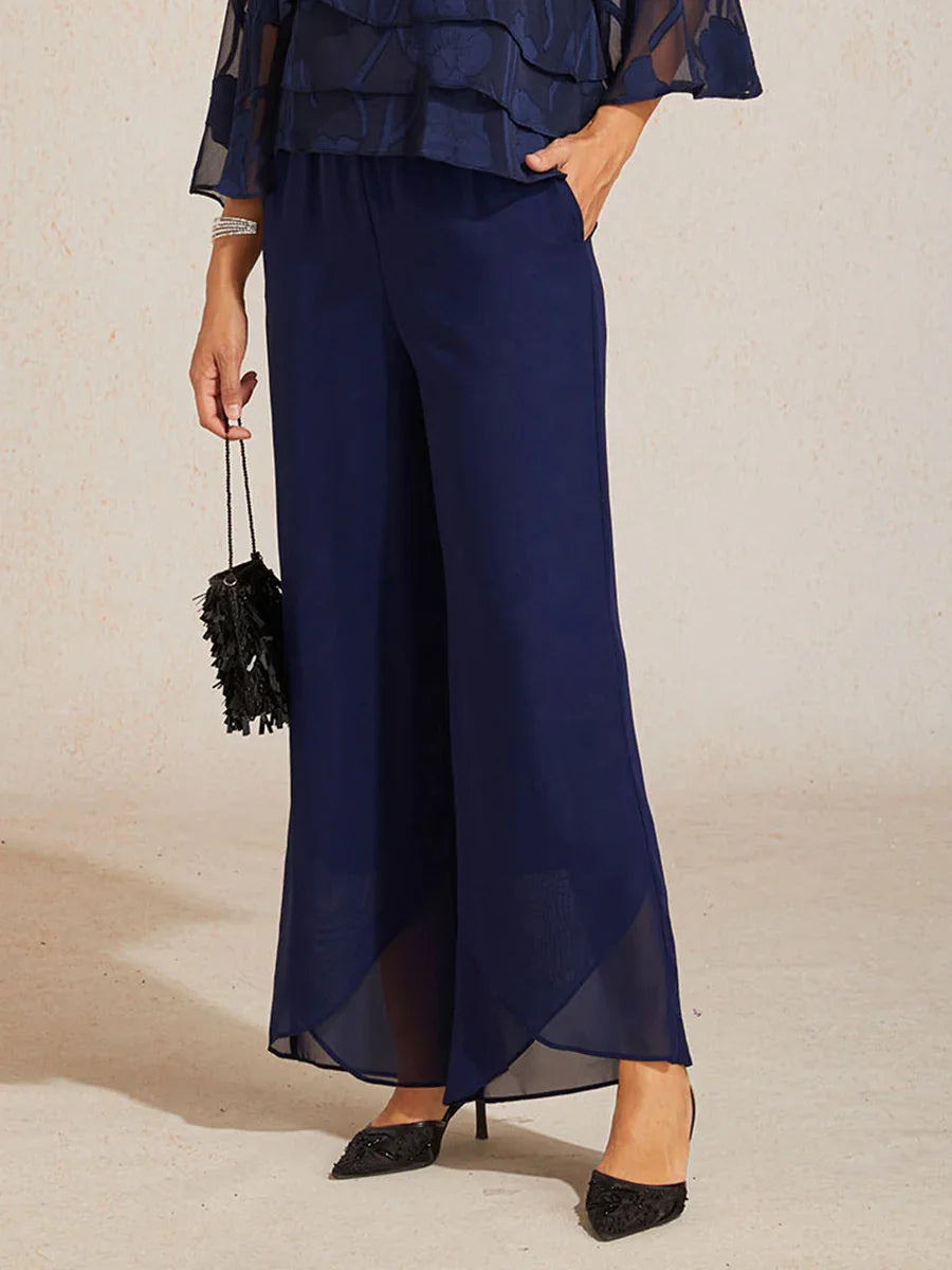 Straight Leg Mid Waist Layered Chiffon Pants