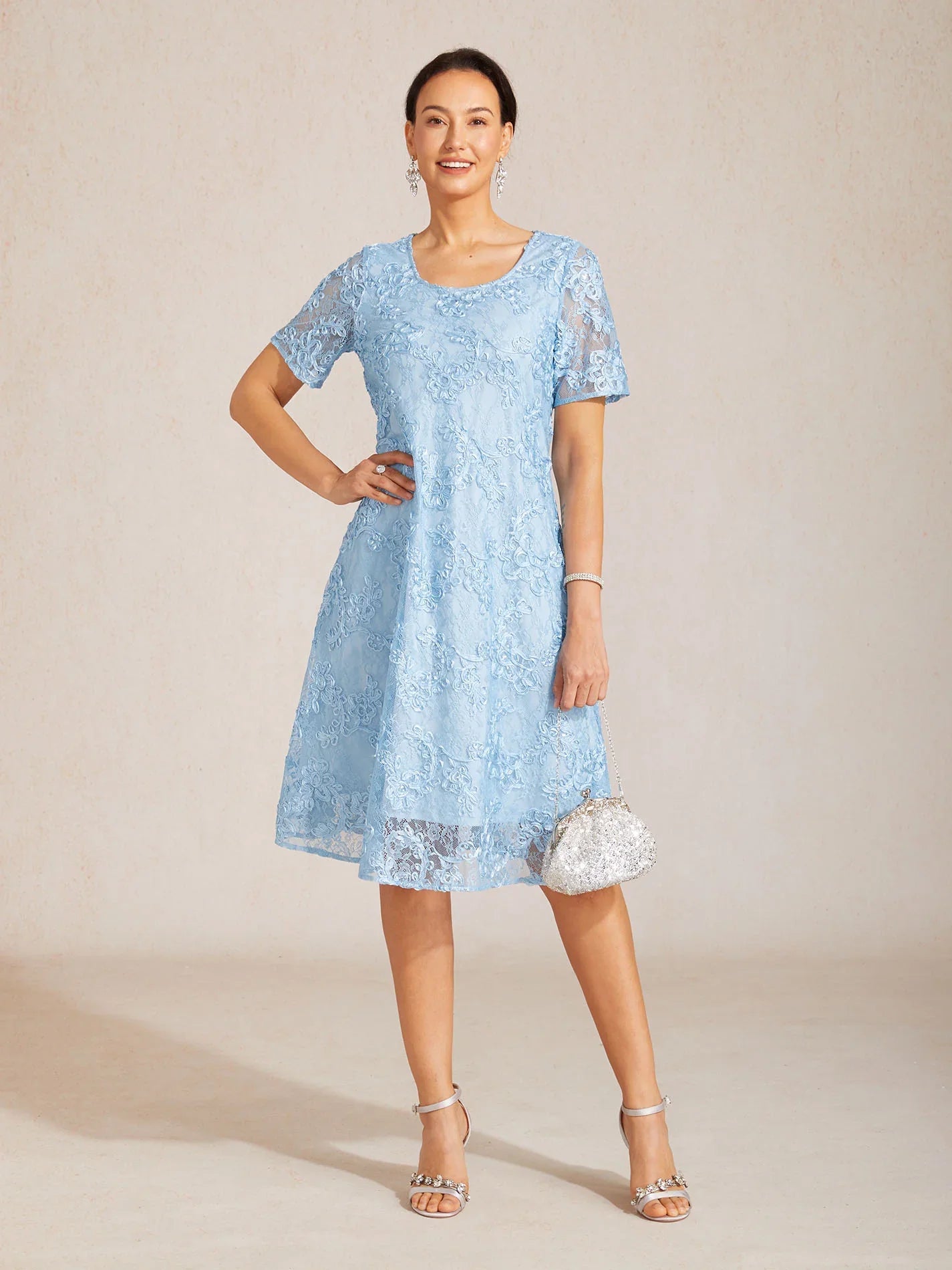 Rosette Lace Boat Neck A Line Dress