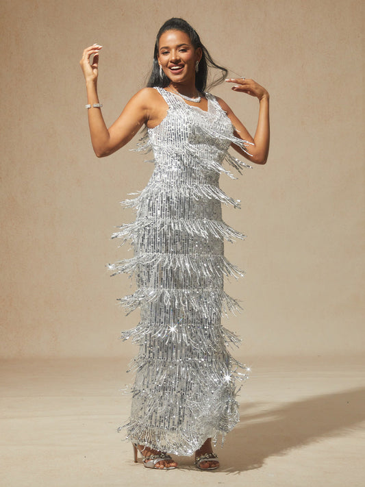 Silver Sequin Fringe Maxi Dress for Party