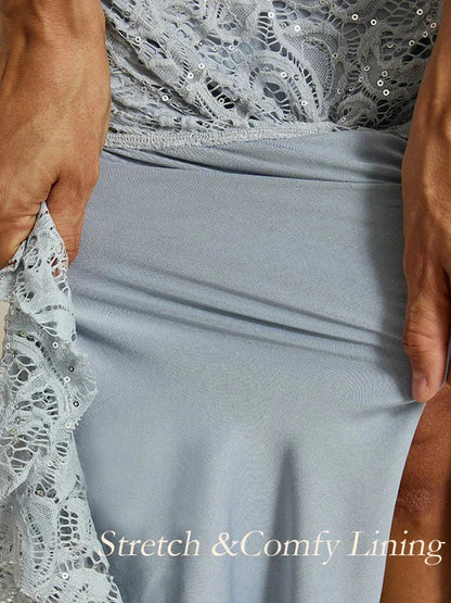 Maxikleid aus Spitze mit Pailletten und Rüschendetail