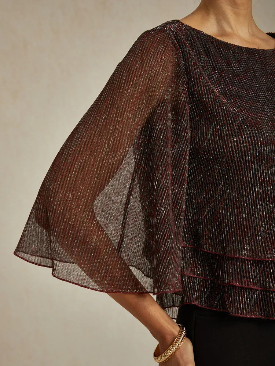 Asymmetrische Lagenbluse aus metallisch schimmerndem, plissiertem Chiffon