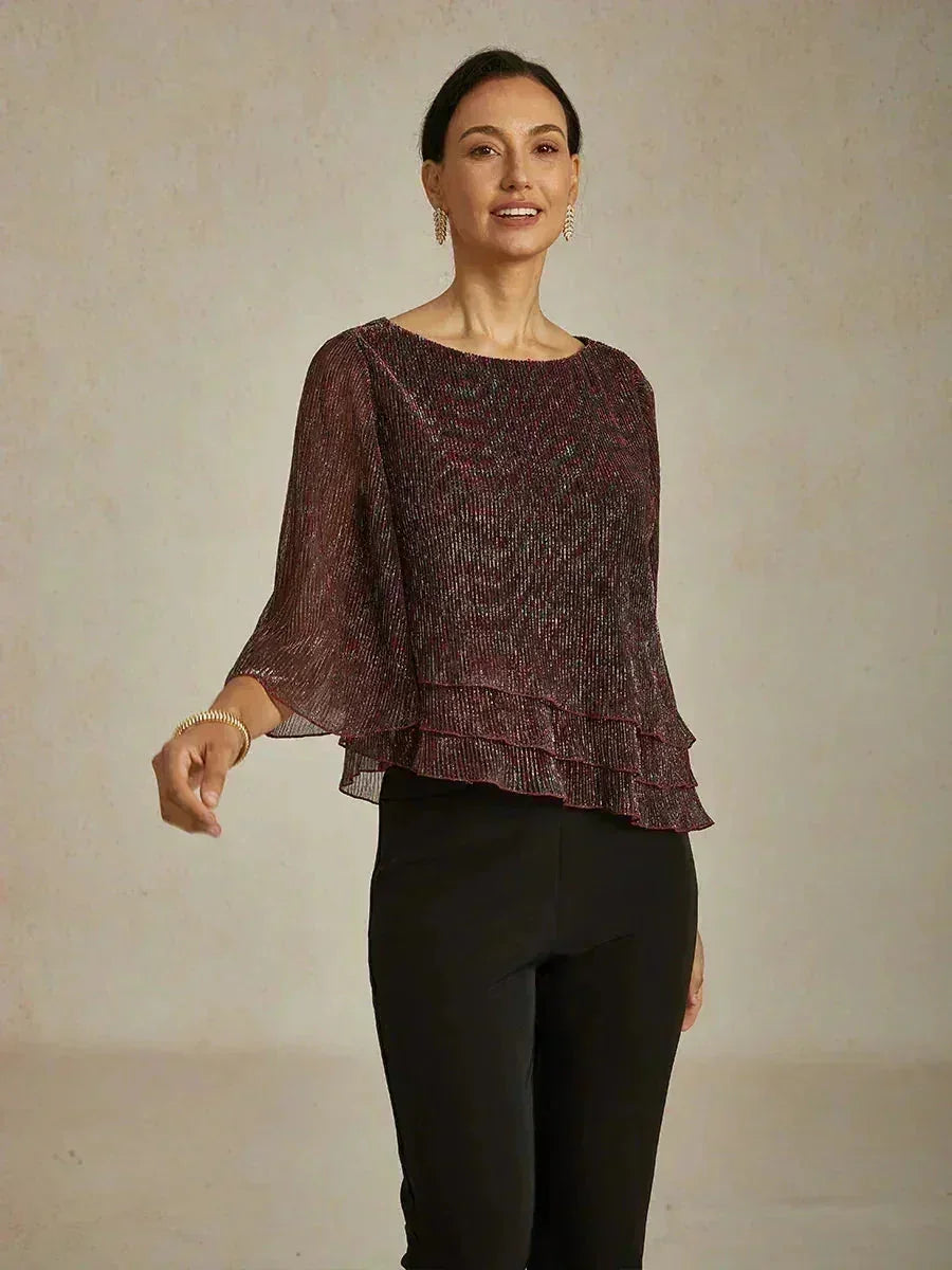 Metallic Pleated Chiffon Asymmetrical Layered Blouse
