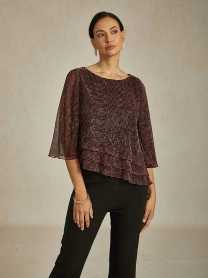 Asymmetrische Lagenbluse aus metallisch schimmerndem, plissiertem Chiffon