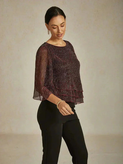 Metallic Pleated Chiffon Asymmetrical Layered Blouse