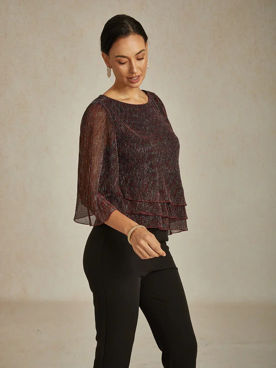 Asymmetrische Lagenbluse aus metallisch schimmerndem, plissiertem Chiffon