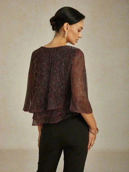 Metallic Pleated Chiffon Asymmetrical Layered Blouse