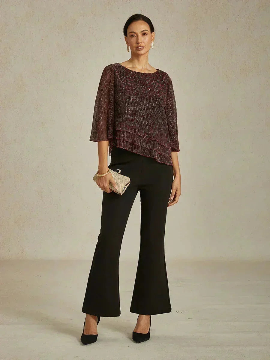 Asymmetrische Lagenbluse aus metallisch schimmerndem, plissiertem Chiffon