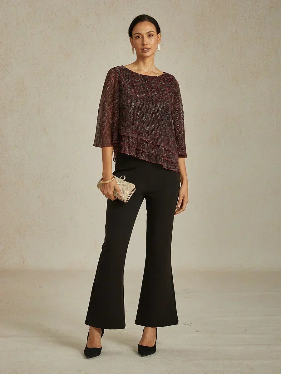 Metallic Pleated Chiffon Asymmetrical Layered Blouse