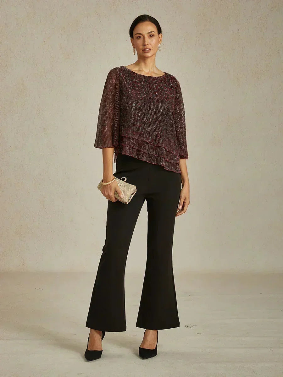 Metallic Pleated Chiffon Asymmetrical Layered Blouse