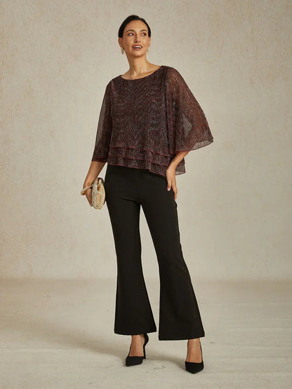 Metallic Pleated Chiffon Asymmetrical Layered Blouse