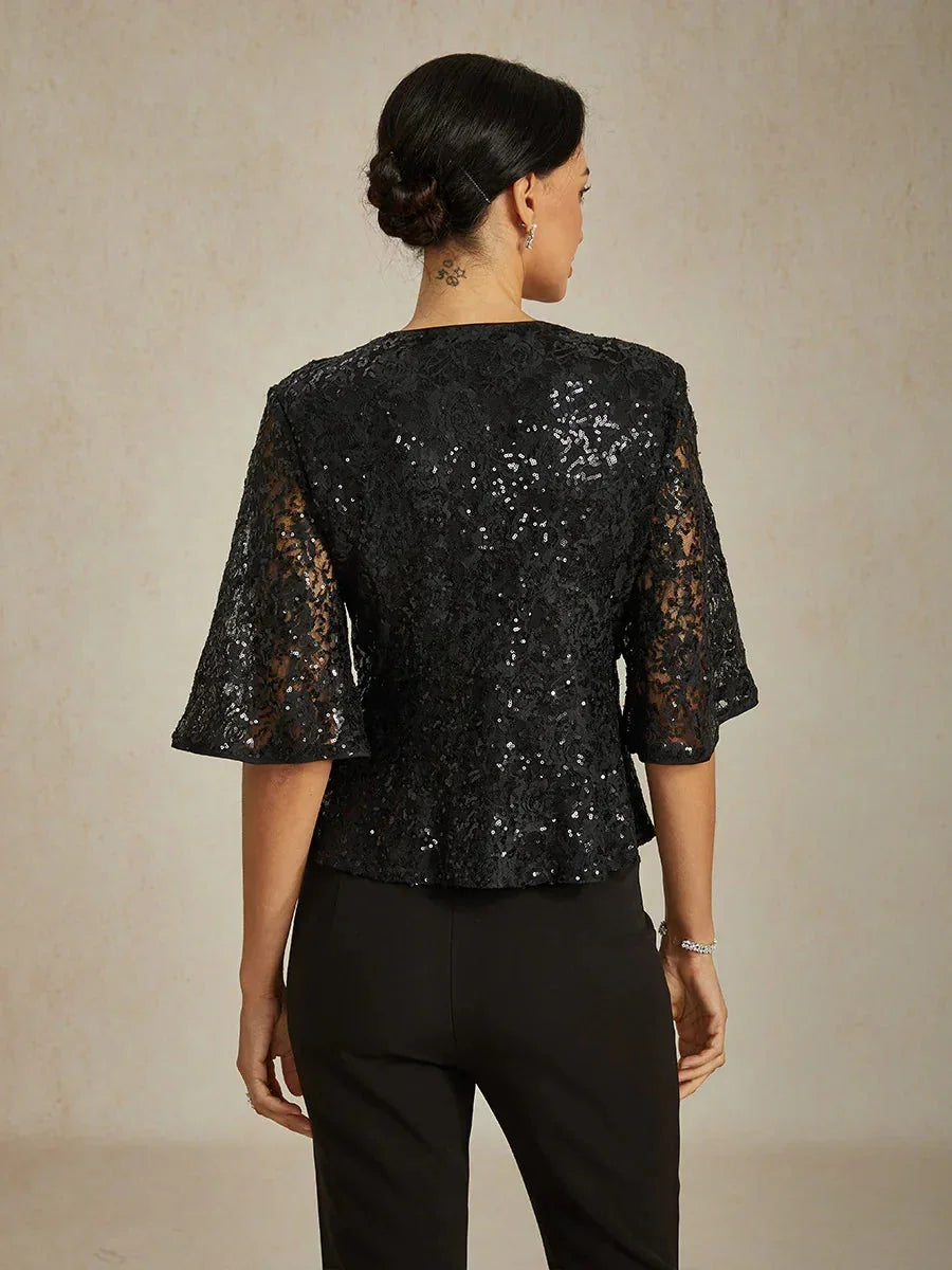 3/4 Sleeve Stretch Lace Blouse with Sequin Detail