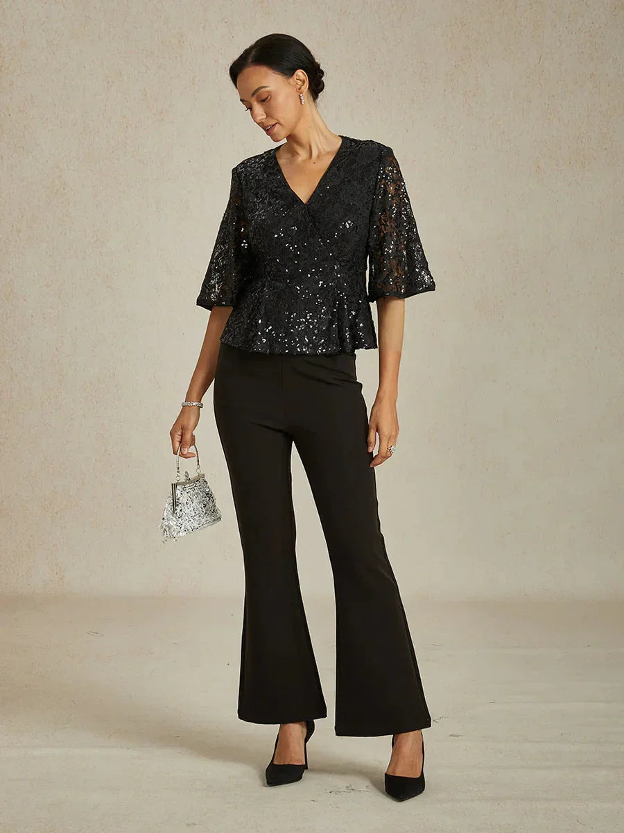 3/4 Sleeve Stretch Lace Blouse with Sequin Detail
