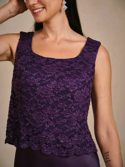 Sleeveless Glitter Lace Satin A-Line Dress with Silver Glitter