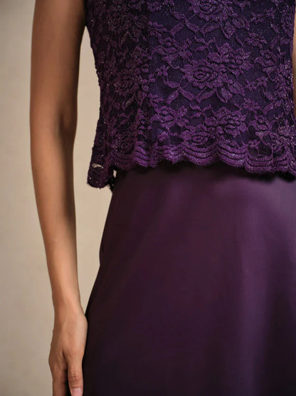 Sleeveless Glitter Lace Satin A-Line Dress with Silver Glitter