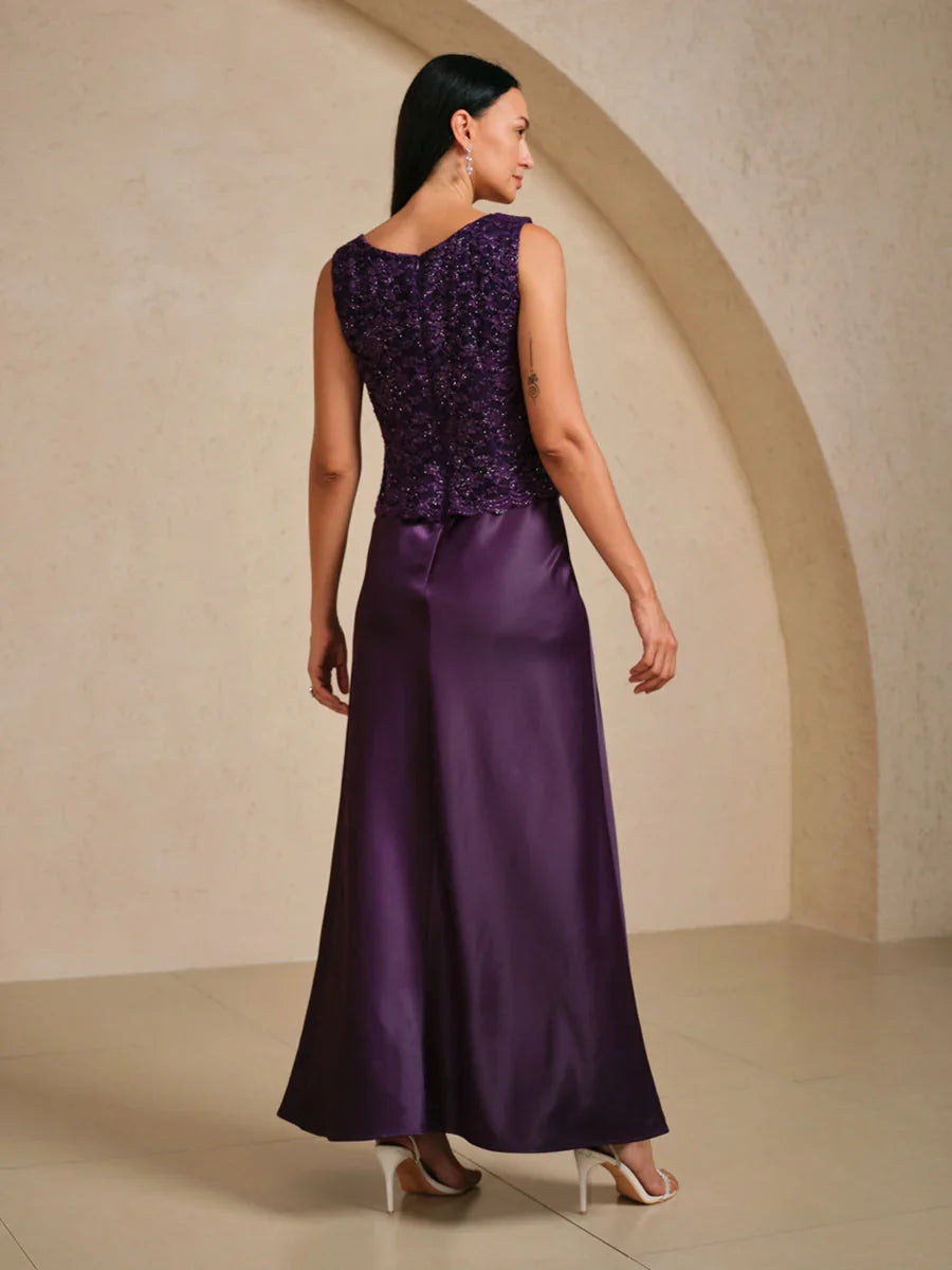 Sleeveless Glitter Lace Satin A-Line Dress with Silver Glitter