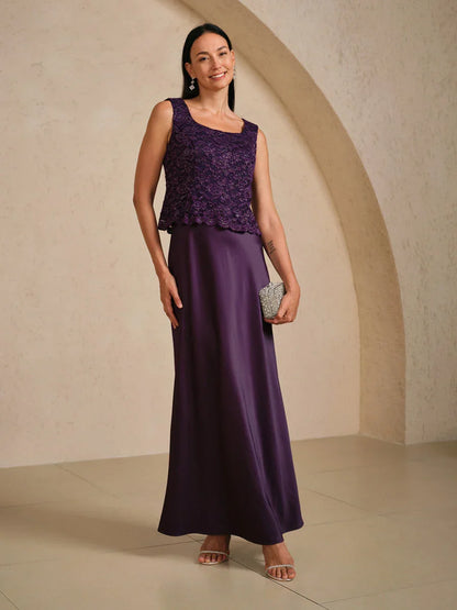 Sleeveless Glitter Lace Satin A-Line Dress with Silver Glitter