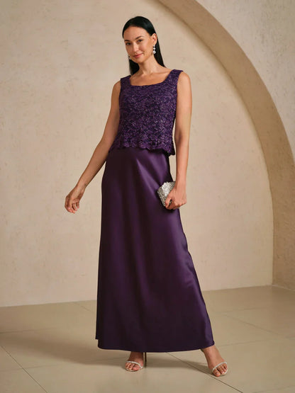 Sleeveless Glitter Lace Satin A-Line Dress with Silver Glitter