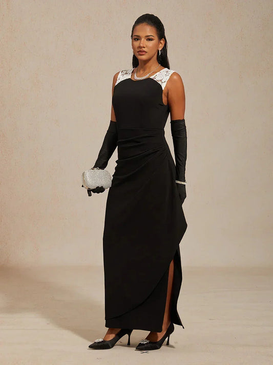 Sleeveless Matte Satin Dress with Lace Detail