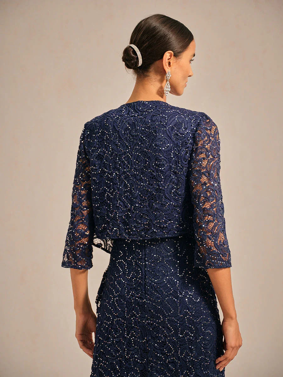 Veste en dentelle extensible à paillettes et manches 3/4