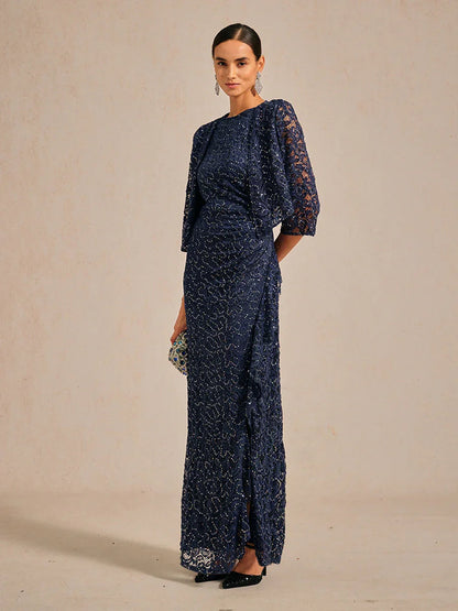 Maxikleid aus Spitze mit Pailletten und Rüschendetail
