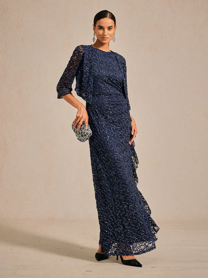 Veste en dentelle extensible à paillettes et manches 3/4