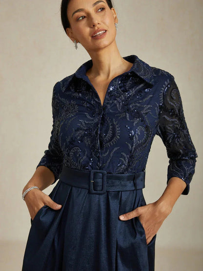 Stretch Taffeta Embroidered Cocktail Dress with Paisley Sequin Bodice